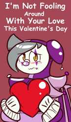 Size: 983x1694 | Tagged: safe, artist:tranzmuteproductions, oc, oc only, oc:tranzmute, bat pony, pony, bat pony oc, bat wings, blushing, clown, clown makeup, clown nose, cursed, embarrassed, floppy ears, heart, heart pillow, jester, latex, latex suit, male, pillow, red background, red nose, simple background, stallion, wavy mouth, wings