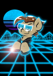 Size: 900x1280 | Tagged: safe, artist:tranzmuteproductions, oc, oc only, earth pony, pony, bust, chest fluff, clothes, earth pony oc, full moon, male, moon, smiling, stallion, sunglasses, synthwave