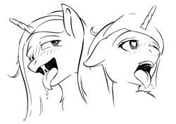 Size: 3508x2480 | Tagged: safe, artist:madgehog, princess cadance, alicorn, pony, g4, ahegao, black and white, female, grayscale, happy, heart, high res, lineart, looking at you, mawshot, monochrome, open mouth, simple background, tongue out, white background