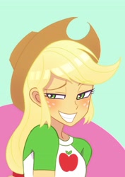 Size: 2894x4093 | Tagged: safe, artist:haibaratomoe, applejack, equestria girls, g4, applejack is best facemaker, female, freckles, grin, looking at you, redraw, smiling, smugjack, solo