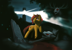 Size: 3508x2480 | Tagged: safe, artist:madgehog, oc, demon, original species, blood, cover, dark background, dark magic, forest, furry, high res, horror, light, looking back, magic, open mouth, orange body, raised hoof, red eyes, red mane, river, tomb