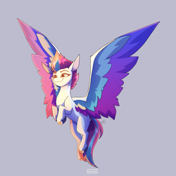 Size: 3000x3000 | Tagged: safe, artist:celes-969, zipp storm, pegasus, pony, g5, my little pony: a new generation, female, flying, gray background, high res, large wings, lidded eyes, mare, simple background, smiling, smirk, solo, spread wings, wing fluff, wings