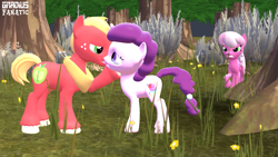 Size: 3413x1920 | Tagged: safe, artist:gradiusfanatic, big macintosh, cheerilee, sugar belle, earth pony, pony, unicorn, g4, 3d, female, kissing, male, mare, source filmmaker, stallion, unshorn fetlocks