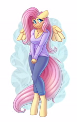 Size: 2208x3508 | Tagged: safe, artist:dandy, edit, editor:fluffer, fluttershy, pegasus, anthro, unguligrade anthro, g4, :3, blushing, breasts, busty fluttershy, cleavage, cute, female, floppy ears, high res, looking at you, mare, shy, shyabetes, smiling, smiling at you, solo, wings