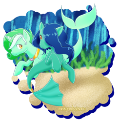 Size: 1024x1051 | Tagged: safe, artist:rinkunokoisuru, oc, oc only, earth pony, merpony, seapony (g4), unicorn, blue mane, female, fish tail, flowing mane, flowing tail, green mane, horn, jewelry, looking at each other, necklace, ocean, red eyes, seaponified, seaweed, signature, simple background, smiling, species swap, swimming, tail, transparent background, underwater, water, yellow eyes