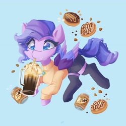 Size: 4096x4096 | Tagged: safe, artist:saxopi, queen haven, pegasus, pony, g5, my little pony: a new generation, a&w, absurd resolution, adorahaven, blue background, clothes, cute, donut, drinking, drinking straw, eyebrows, eyebrows visible through hair, female, food, mare, mug, multicolored hair, root beer, shorts, simple background, solo, stockings, sweater, thigh highs