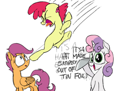 Size: 800x600 | Tagged: safe, artist:broken-pen, apple bloom, scootaloo, sweetie belle, earth pony, pegasus, pony, unicorn, g4, cutie mark crusaders, female, filly, hat, imminent pain, kick, ouch, text, this will end in pain, tinfoil hat, trio