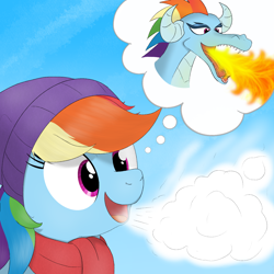 Size: 1512x1512 | Tagged: safe, artist:eels, rainbow dash, dragon, pegasus, pony, g4, breath, clothes, cute, dashabetes, dragonified, female, fire, fire breath, hat, mare, meme, open mouth, open smile, ponified meme, rainbow dragon, scarf, smiling, solo, species swap, thought bubble, winter