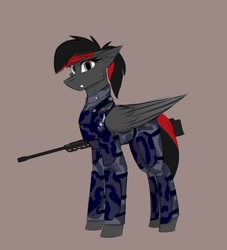 Size: 2000x2200 | Tagged: safe, artist:observerdoz, oc, oc only, oc:burning shadow, pegasus, pony, undead, vampire, body armor, camouflage, clothes, fangs, female, gun, high res, military, military uniform, pegasus oc, ponytail, simple background, solo, uniform, weapon