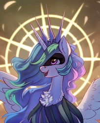Size: 1734x2122 | Tagged: safe, artist:taneysha, princess celestia, alicorn, pony, g4, chest fluff, crossover, feather, female, halo, hollow knight, mare, open mouth, open smile, smiling, solo, spikes, spread wings, the radiance, wings