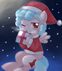 Size: 1765x2035 | Tagged: dead source, safe, artist:ginmaruxx, cozy glow, pegasus, pony, christmas, cozybetes, cute, female, filly, flying, hat, holding, holiday, looking at you, moonlight, night, one eye closed, present, santa hat, solo, stars, wink, winking at you