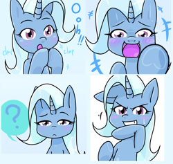 Size: 747x708 | Tagged: safe, artist:batipin, trixie, pony, unicorn, g4, abstract background, blushing, clapping, cute, diatrixes, eyelashes, female, frog (hoof), horn, looking at you, mare, one ear down, onomatopoeia, open mouth, open smile, question mark, simple background, smiling, solo, text, underhoof, volumetric mouth, white background