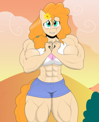 Size: 1659x2048 | Tagged: safe, artist:matchstickman, pear butter, earth pony, anthro, g4, the perfect pear, abs, biceps, blushing, breasts, busty pear butter, clothes, deltoids, female, hands together, looking at you, mare, matchstickman's pear buffer series, midriff, muscles, muscular female, pear buffer, scene interpretation, shorts, solo, sports bra, sunset, thighs, thunder thighs, vulgar description