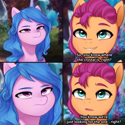 Size: 1700x1700 | Tagged: safe, artist:maren, izzy moonbow, sunny starscout, earth pony, pony, unicorn, g5, my little pony: a new generation, dialogue, duo, duo female, female, for the better right?, izzy moonbow is not amused, mare, meme, ponified meme, unamused