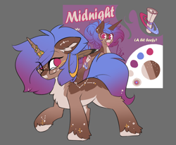 Size: 2252x1857 | Tagged: safe, artist:beardie, oc, oc only, oc:midnight winds, pony, unicorn, :p, chest fluff, constellation, ear fluff, eyebrows, eyebrows visible through hair, female, glasses, horn, horn jewelry, jewelry, looking at you, no pupils, reference sheet, simple background, solo, tongue out, unshorn fetlocks