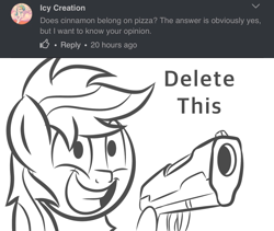 Size: 828x700 | Tagged: safe, artist:pizzamovies, oc, oc only, oc:pizzamovies, earth pony, pony, series:ask pizzamovies, canterlot avenue, gun, handgun, male, pistol, reaction image, simple background, smiling, solo, this will end in tears, weapon