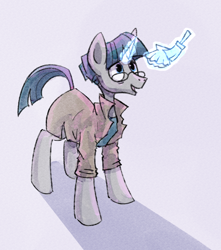 Size: 1280x1450 | Tagged: dead source, safe, artist:currantbush, stygian, pony, unicorn, g4, clothes, coat, cute, glasses, glowing, glowing horn, horn, male, open mouth, seashell, solo, stallion, stygianbetes