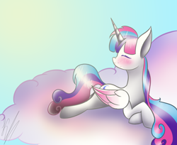 Size: 1448x1180 | Tagged: safe, artist:yanderecomet, oc, oc only, oc:candy star, alicorn, pony, alicorn oc, blushing, cloud, eyes closed, female, horn, lying down, prone, solo, wings