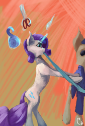 Size: 4160x6144 | Tagged: safe, artist:thelordgemm, rarity, pony, unicorn, g4, bipedal, bipedal leaning, female, glowing, glowing horn, horn, leaning, magic, mannequin, mouth hold, scissors, skinny, slender, solo, telekinesis, thin