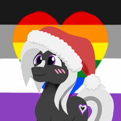 Size: 1440x1440 | Tagged: safe, artist:rockhoppr3, oc, oc only, oc:ace hearts, earth pony, pony, asexual pride flag, blushing, christmas, gay pride flag, hat, holiday, male, pride, pride flag, rainbow flag, santa hat, solo