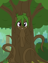 Size: 2202x2850 | Tagged: safe, artist:badumsquish, derpibooru exclusive, oc, oc only, dryad, monster pony, original species, plant pony, tree pony, bush, female, forest, freckles, happy, high res, looking at you, mare, plant, smiling, solo, tentacles, tree