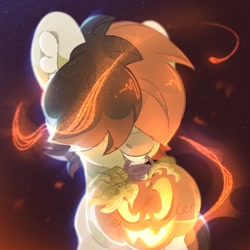 Size: 1438x1438 | Tagged: safe, artist:tsarstvo, oc, oc only, earth pony, pony, ambiguous gender, hair over eyes, halloween, holiday, mouth hold, pumpkin, solo