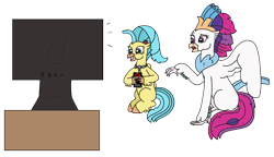Size: 2772x1595 | Tagged: safe, artist:supahdonarudo, princess skystar, queen novo, classical hippogriff, hippogriff, series:novoember, g4, my little pony: the movie, concerned, cute, excited, holding, jewelry, jurassic park, necklace, simple background, sitting, skyabetes, television, transparent background, vhs, watching tv