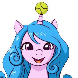 Size: 1920x1920 | Tagged: safe, artist:fantasyblade, izzy moonbow, pony, unicorn, g5, my little pony: a new generation, animated, ball, cute, ear flick, female, gif, headbob, horn, hornball, izzy's tennis ball, izzybetes, looking at you, mare, open mouth, open smile, simple background, smiling, smiling at you, solo, tennis ball, transparent background, white background