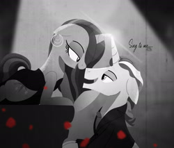 Size: 1920x1636 | Tagged: safe, artist:bearmation, flim, twilight sparkle, pony, unicorn, g4, boop, crack shipping, ear piercing, earring, female, horn, horns are touching, jewelry, looking at each other, looking into each others eyes, male, mare, monochrome, noir, noseboop, piercing, shipping, stallion, straight, twiflim, unicorn twilight