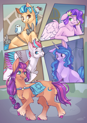Size: 2896x4096 | Tagged: safe, artist:cutepencilcase, hitch trailblazer, izzy moonbow, kenneth, pipp petals, sunny starscout, zipp storm, bird, earth pony, pegasus, pony, rabbit, unicorn, g5, my little pony: a new generation, animal, cheek fluff, chest fluff, colored pupils, critter magnet, cute, female, floppy ears, high res, leg fluff, male, mane five, mare, pipp petals is not amused, stallion, unamused