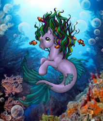 Size: 707x828 | Tagged: safe, artist:saika-elkhart, oc, oc only, fish, merpony, sea pony, seapony (g4), bubble, coral, crepuscular rays, dorsal fin, female, fins, fish tail, flowing mane, flowing tail, green eyes, green mane, ocean, photo, seaweed, solo, sunlight, swimming, tail, underwater, water