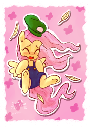 Size: 600x841 | Tagged: safe, artist:fipoki, fluttershy, pegasus, pony, g4, abstract background, blushing, cap, clothes, cosplay, costume, crossover, cute, eyes closed, feather, female, hat, luigi, luigi's hat, male, mare, mario party, open mouth, outline, overalls, shyabetes, solo, spread wings, super mario bros., white outline, wings