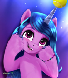 Size: 1730x1982 | Tagged: safe, artist:darksly, izzy moonbow, pony, unicorn, g5, my little pony: a new generation, ball, body pillow, bracelet, commission, female, horn, hornball, izzy's tennis ball, jewelry, open mouth, preview, tennis ball
