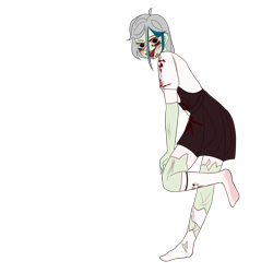 Size: 1024x1024 | Tagged: safe, artist:idkhesoff, derpibooru exclusive, oc, oc only, oc:elizabat stormfeather, human, undead, zombie, alternate hairstyle, blood, blushing, clothes, costume, female, halloween, halloween costume, holiday, humanized, humanized oc, lipstick, overalls, ripped stockings, shirt, simple background, skirt, socks, solo, stocking feet, stockings, t-shirt, thigh highs, torn clothes, torn socks, transparent background, wings