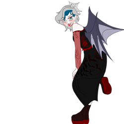 Size: 1024x1024 | Tagged: safe, artist:idkhesoff, derpibooru exclusive, oc, oc only, oc:elizabat stormfeather, human, alternate hairstyle, blood, blushing, boots, clothes, costume, dress, female, halloween, halloween costume, holiday, humanized, humanized oc, lipstick, open mouth, shoes, simple background, solo, transparent background, vapire, winged humanization, wings