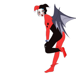 Size: 1024x1024 | Tagged: safe, artist:idkhesoff, derpibooru exclusive, oc, oc only, oc:elizabat stormfeather, human, alternate hairstyle, blushing, boots, clothes, cosplay, costume, dc comics, female, gloves, halloween, halloween costume, harley quinn, holiday, humanized, humanized oc, jester, lipstick, open mouth, shoes, simple background, solo, transparent background, winged humanization, wings