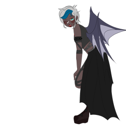 Size: 1024x1024 | Tagged: safe, artist:idkhesoff, derpibooru exclusive, oc, oc only, oc:elizabat stormfeather, human, alternate hairstyle, blushing, boots, clothes, costume, dark skin, dress, female, grin, halloween, halloween costume, holiday, humanized, humanized oc, lipstick, midriff, one eye closed, shoes, simple background, smiling, solo, transparent background, winged humanization, wings, wink