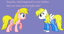 Size: 946x507 | Tagged: safe, artist:seanthedragonpony, shady, surprise, earth pony, pegasus, pony, g1, g4, adoraprise, baby, clothes, costume, cute, duo, female, flower, footed sleeper, footie pajamas, g1 shadybetes, g1 to g4, generation leap, mare, onesie, pajamas, pink text, purple background, raised hoof, raised leg, simple background, smiley flower, smiling, surprise being surprise, talking, text