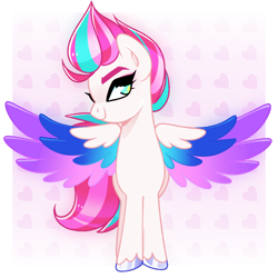 Size: 1050x1050 | Tagged: safe, artist:vivian reed, zipp storm, pegasus, pony, g5, my little pony: a new generation, abstract background, adorazipp, cute, feathered wings, female, heart, looking at you, mare, smiling, solo, spread wings, unshorn fetlocks, wings