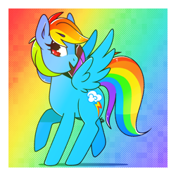 Size: 1200x1200 | Tagged: safe, artist:vivian reed, rainbow dash, pegasus, pony, g4, backwards cutie mark, cute, dashabetes, female, mare, open mouth, profile, rainbow background, solo, spread wings, wings
