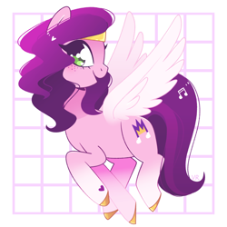 Size: 1280x1280 | Tagged: safe, artist:vivian reed, pipp petals, pegasus, pony, g5, my little pony: a new generation, spoiler:my little pony: a new generation, adorapipp, cute, female, freckles, heart, looking at you, mare, music notes, open mouth, solo, spread wings, wings