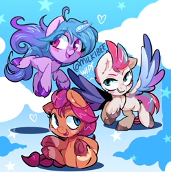 Size: 1992x2000 | Tagged: safe, artist:zombie, izzy moonbow, sunny starscout, zipp storm, earth pony, pegasus, pony, unicorn, g5, my little pony: a new generation, adorazipp, blush sticker, blushing, chibi, cloud, cute, female, heart, izzybetes, open mouth, sitting, smiling, spread wings, stars, sunnybetes, trio, trio female, wings