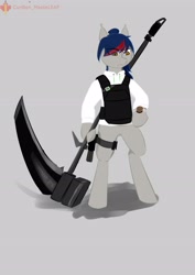 Size: 2480x3508 | Tagged: safe, artist:cunben_mapleleaf, oc, oc only, oc:bai yue, pony, semi-anthro, arm hooves, bipedal, clothes, gun, handgun, high res, jacket, scythe, simple background, solo, vest, watch, weapon