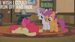 Size: 1920x1080 | Tagged: safe, edit, edited screencap, editor:quoterific, screencap, apple bloom, scootaloo, sweetie belle, earth pony, pegasus, pony, unicorn, family appreciation day, g4, season 2, apple bloom's bow, bow, cutie mark crusaders, faceplant, female, filly, hair bow