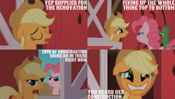 Size: 4400x2475 | Tagged: safe, edit, edited screencap, editor:quoterific, screencap, applejack, gummy, pinkie pie, alligator, earth pony, pony, g4, party of one, season 1, applejack's hat, cowboy hat, eyes closed, female, floppy ears, hat, high res, male, mare, open mouth, sweet apple acres barn