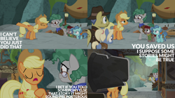 Size: 4400x2475 | Tagged: safe, edit, edited screencap, editor:quoterific, screencap, applejack, dust brush, gentiana, petunia paleo, professor fossil, earth pony, pony, g4, season 7, shadow play, applejack's hat, cowboy hat, eyes closed, female, filly, hat, male, mare, open mouth, open smile, smiling, stallion