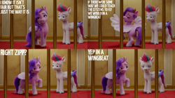 Size: 4400x2475 | Tagged: safe, edit, edited screencap, editor:quoterific, screencap, pipp petals, zipp storm, pegasus, pony, g5, my little pony: a new generation, spoiler:my little pony: a new generation, blatant lies, female, looking at you, mare, open mouth, open smile, raised hoof, raised leg, siblings, sisters, smiling, spread wings, wings, zipp storm is not amused