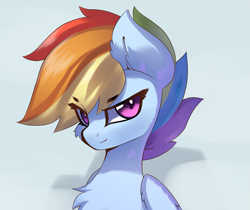 Size: 2689x2257 | Tagged: safe, artist:jfrxd, rainbow dash, pegasus, pony, bust, chest fluff, eye clipping through hair, eyebrows, eyebrows visible through hair, female, high res, looking at you, mare, portrait, simple background, smiling, smiling at you, smirk, solo, white background
