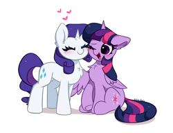 Size: 6040x4640 | Tagged: safe, artist:kittyrosie, rarity, twilight sparkle, alicorn, pony, unicorn, g4, absurd resolution, blushing, chest fluff, cute, duo, duo female, ear fluff, eyes closed, female, floppy ears, kittyrosie is trying to murder us, lesbian, mare, nuzzling, one eye closed, open mouth, open smile, raribetes, ship:rarilight, shipping, simple background, sitting, smiling, twiabetes, twilight sparkle (alicorn), white background