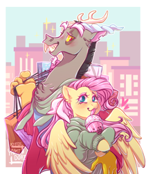 Size: 2700x3200 | Tagged: safe, artist:yami-sempai, discord, fluttershy, draconequus, pegasus, pony, g4, bag, blushing, bubble tea, chest fluff, clothes, drink, drinking straw, dripcord, female, grin, high res, hug, looking at someone, male, mare, outdoors, ship:discoshy, shipping, shopping bag, smiling, sparkles, straight, sweater, sweatershy, wings